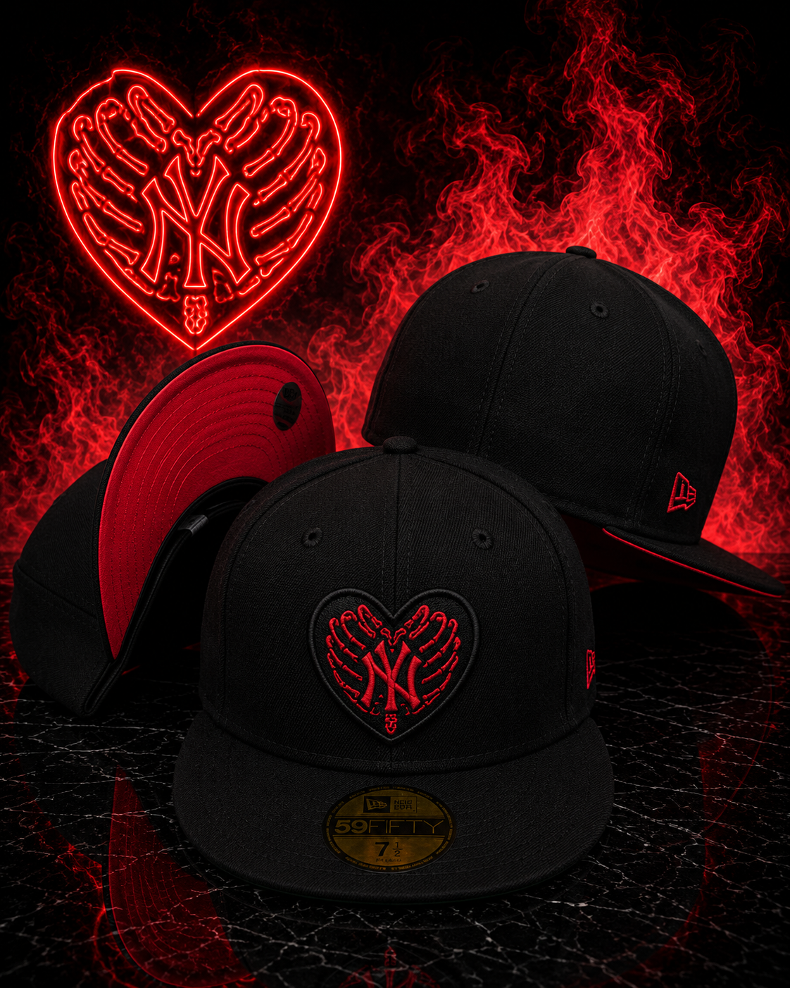 New York Yankees – New Era 59FIFTY Skeleton Heart Black/Red Fitted Cap