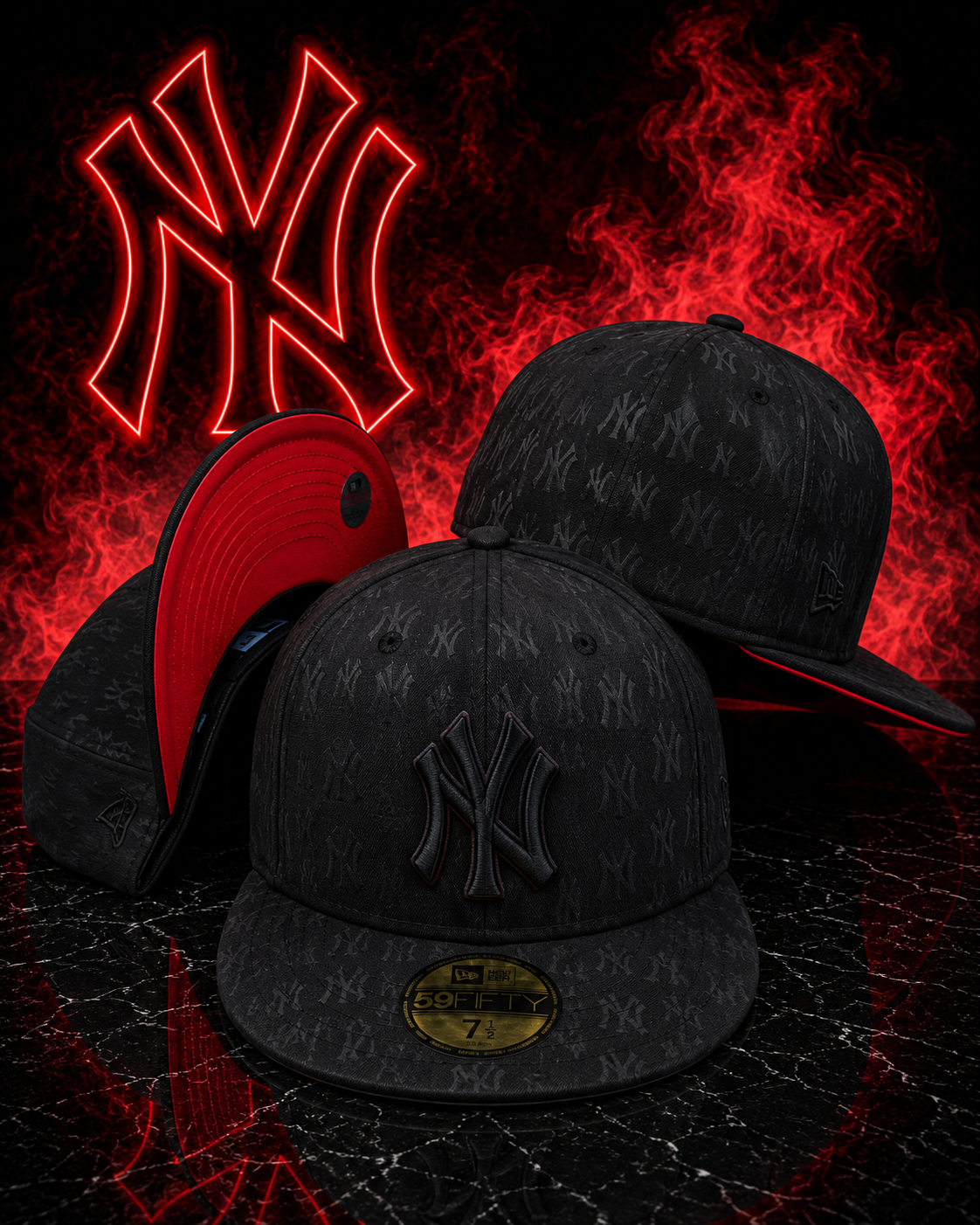New York Yankees – New Era 59FIFTY All Black Monogram Red UV Fitted Cap