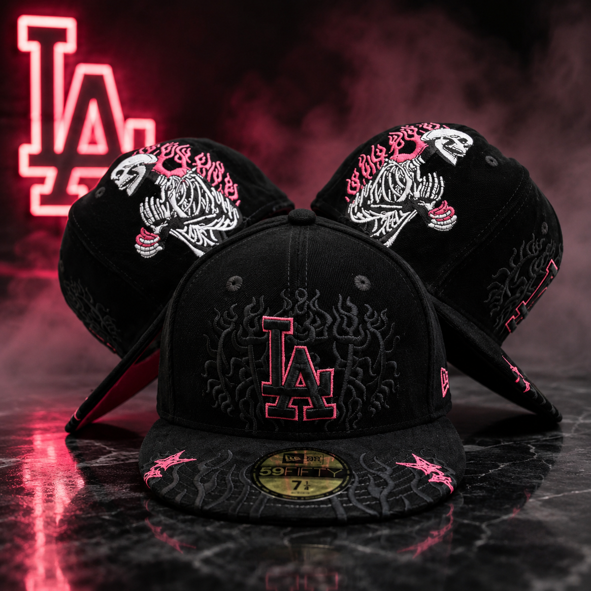 LA Dodgers – New Era 59FIFTY Skull Flames Black/Pink Fitted Cap